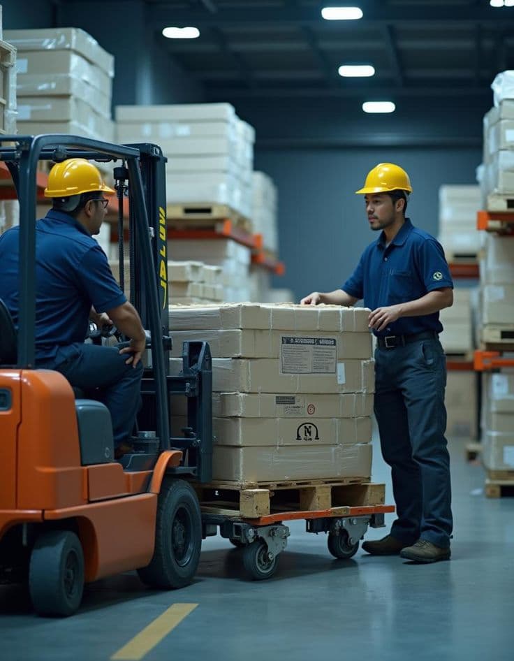 Two men talking in a warehouse